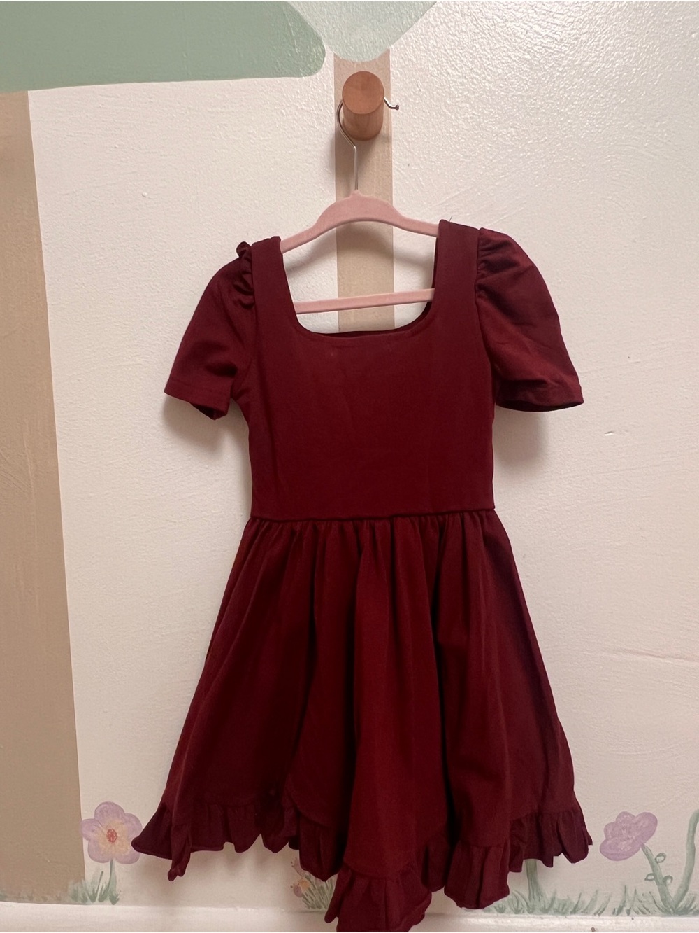 Girls' Burgundy Puff Sleeve Square Neck Dress